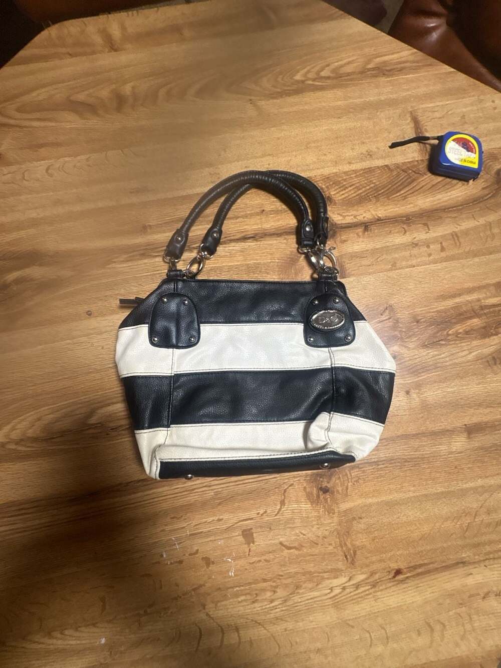 Dolce & Gabbana Black and White Striped Faux Leather Handbag